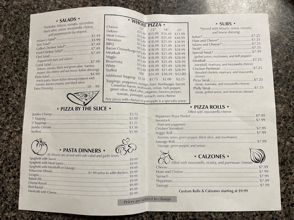 Milano's N.Y. Pizza Menu - Image 1